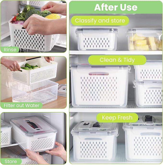 Set 4 Recipiente de Almacenamiento Fresco con Colador y Tapa Hermética Cocina