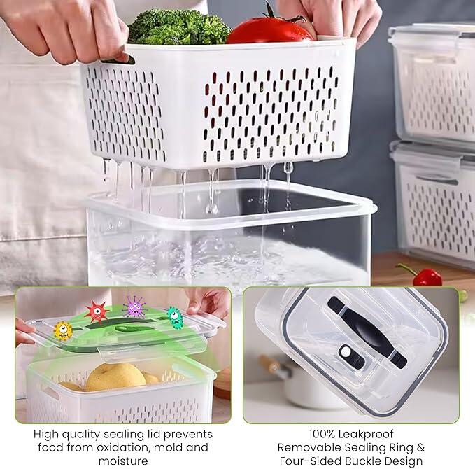Set 4 Recipiente de Almacenamiento Fresco con Colador y Tapa Hermética Cocina