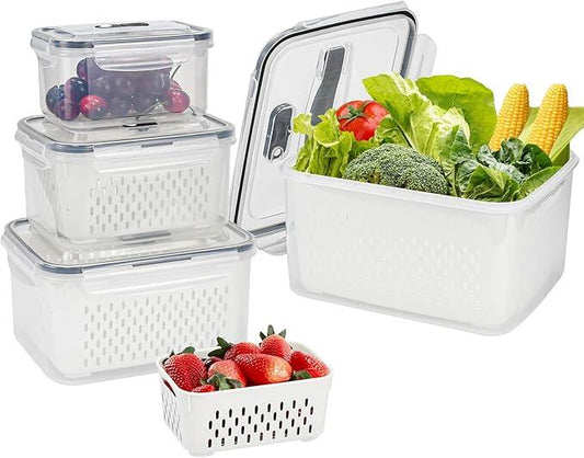 Set 4 Recipiente de Almacenamiento Fresco con Colador y Tapa Hermética Cocina